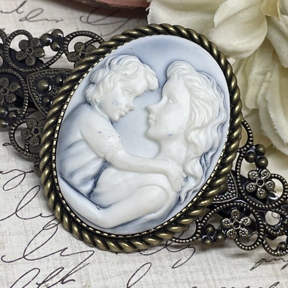 Blue White Mother Child Christmas Gift Mom New Cameo Pin Hair Clip Jewelry Comb - Picture 4 of 12